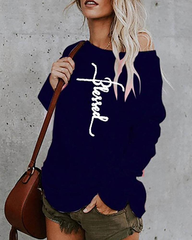 

Letter Print Long Sleeve Casual Top, Blue