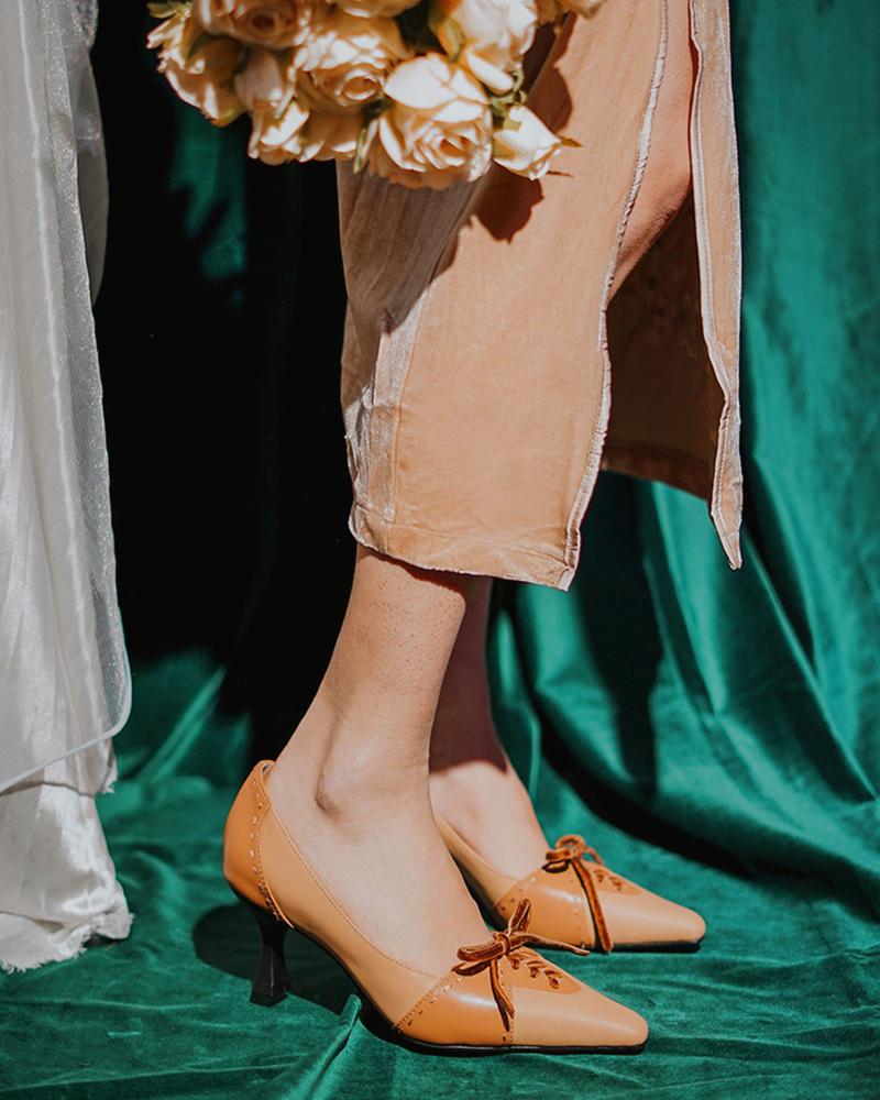 

Pointed-toe Color Block Splicing Bowknot High Heels, Yellow