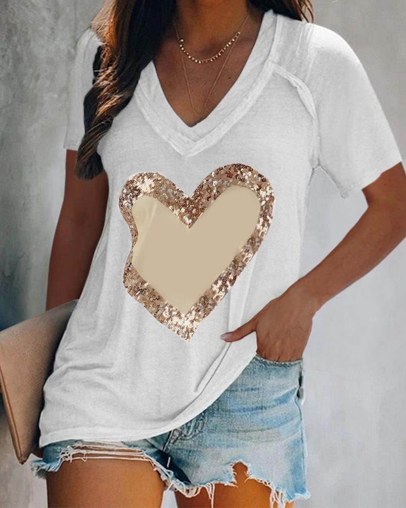 

Heart Pattern Sequins Short Sleeve T-shirt, White