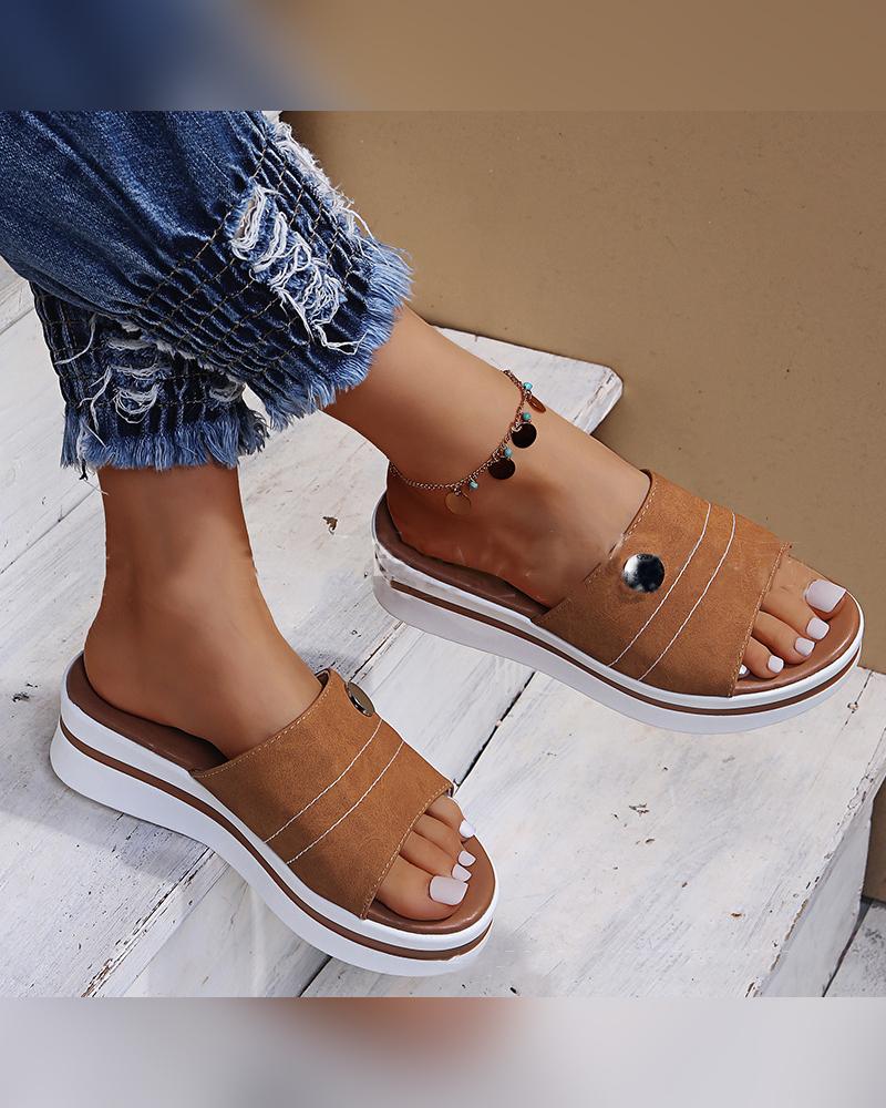 

Round-toe Color Block Platform Slippers, Brown