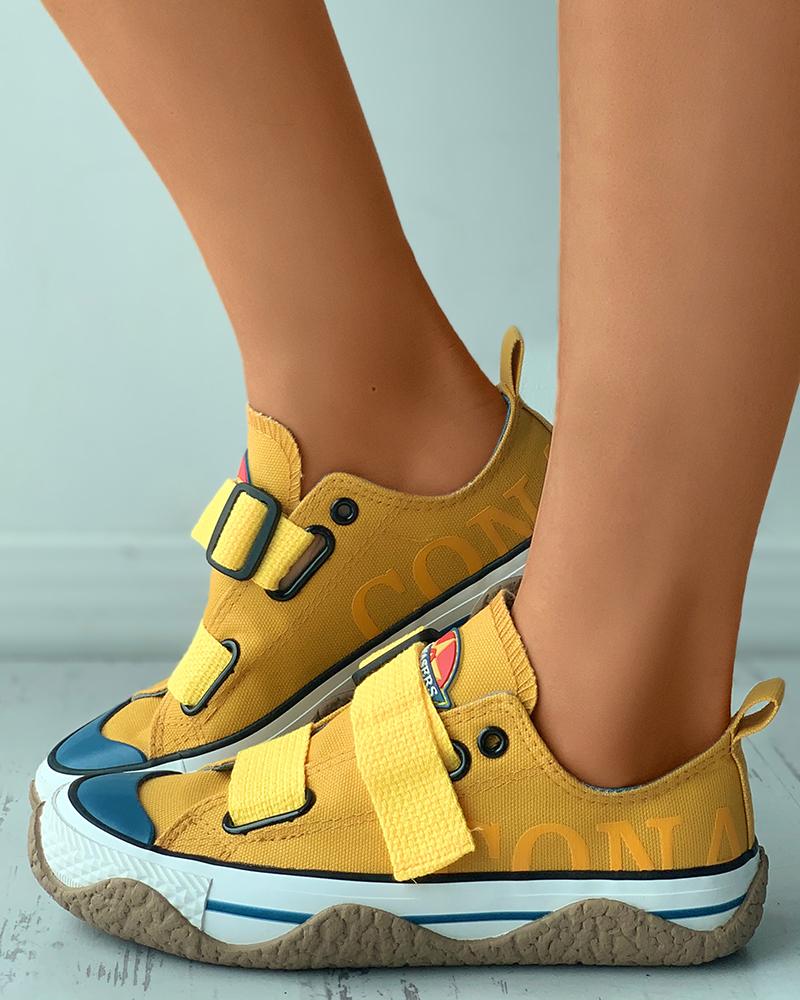 

Letter Print Eyelet Buckled Velcro Sneaker, Yellow
