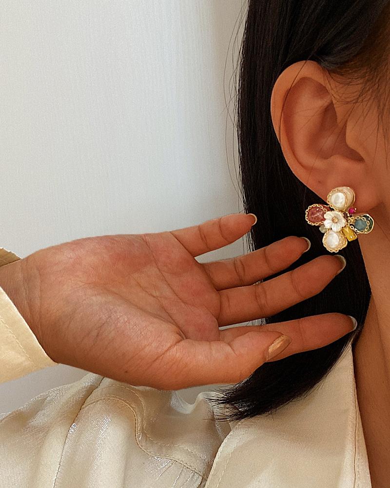 

1Pair Chain Decor Colorful Floral Beaded Earrings, Style1