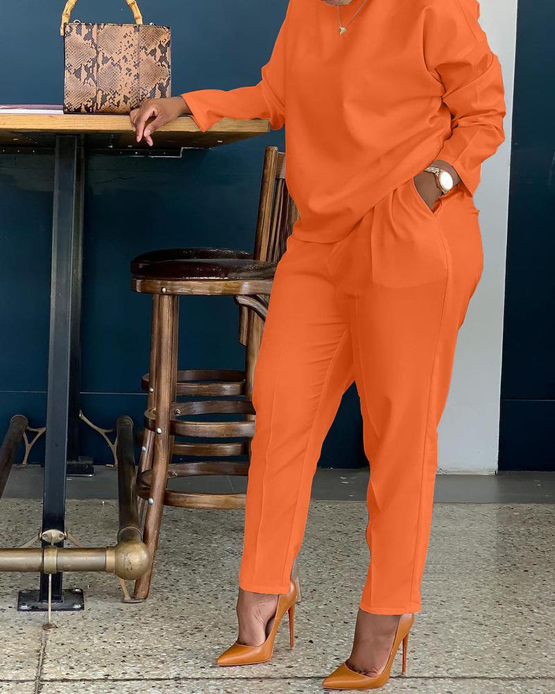 

Long Sleeve Top & Pocket Design Pants Set, Orange