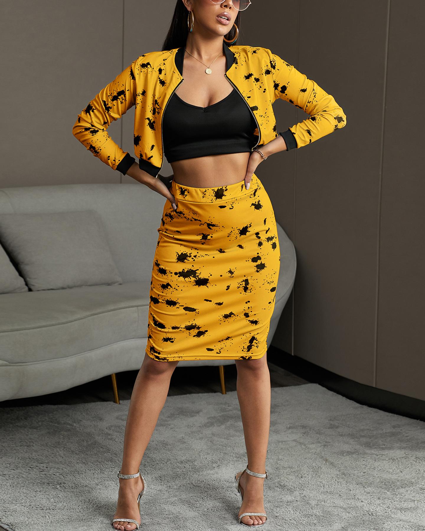 

Splash-ink Zipper Design Jacket & Skirts Sets, Yellow