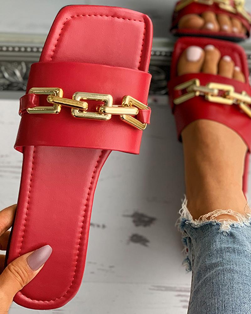 

Chain Strap Deocr Square Toe Flat Slippers, Red