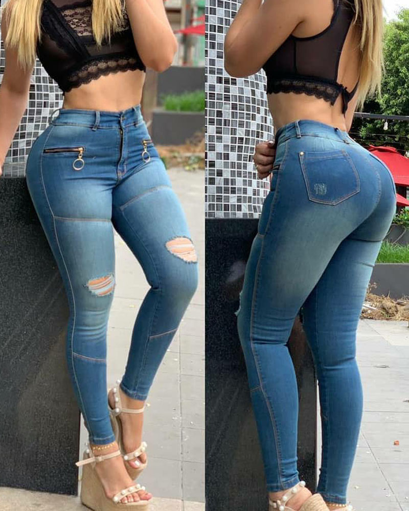 

Zipper Detail Ripped Skinny Jeans, Blue