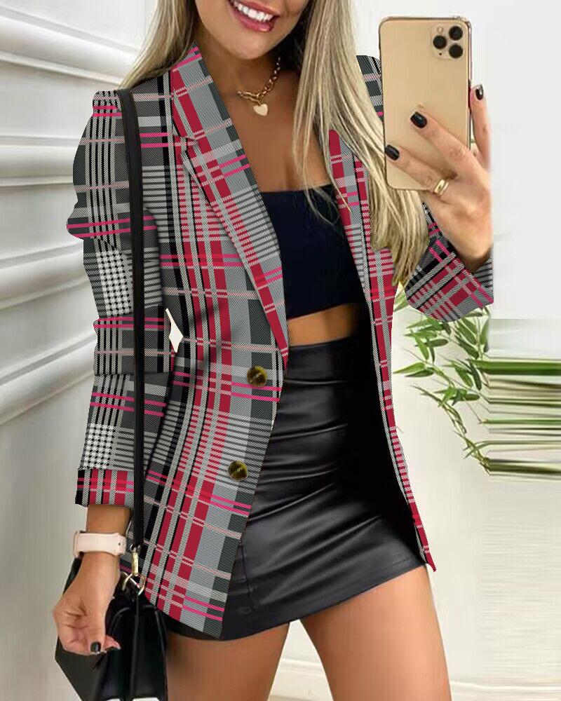 

Plaid Print Notched Collar Buttoned Blazer Coat, Red