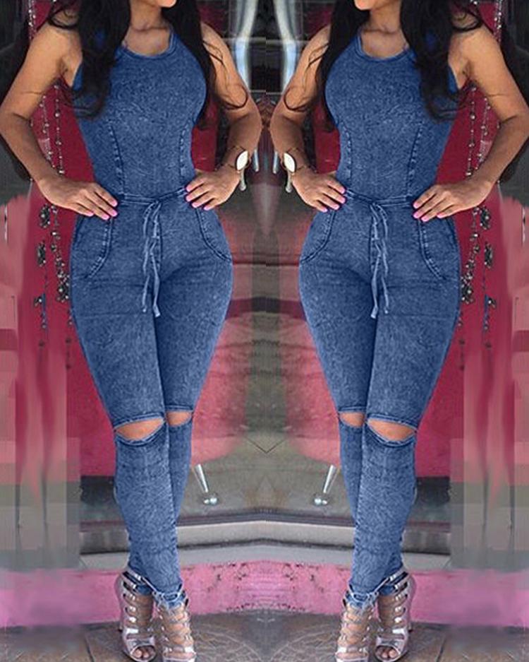 Rae Cut Drawstring Denim Jumpsuit