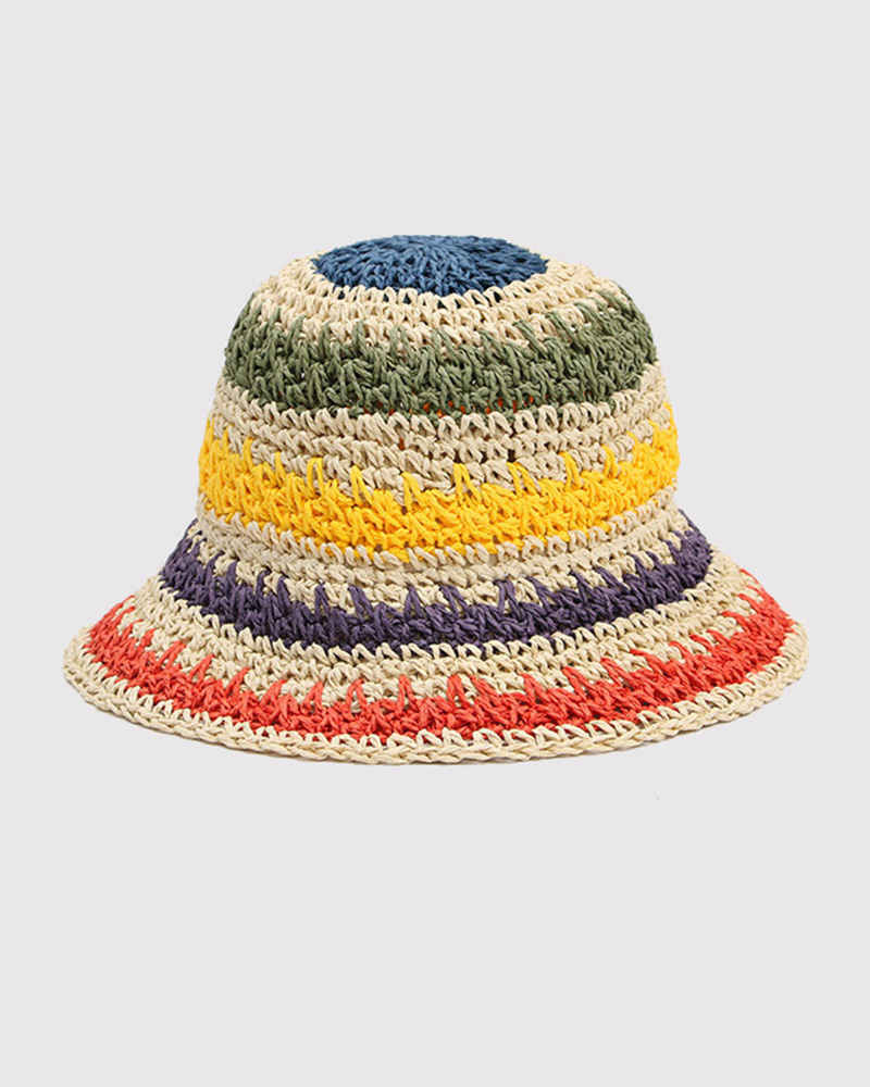 

Colorblock Striped Beach Sunhat Straw Bucket Hat, Beige