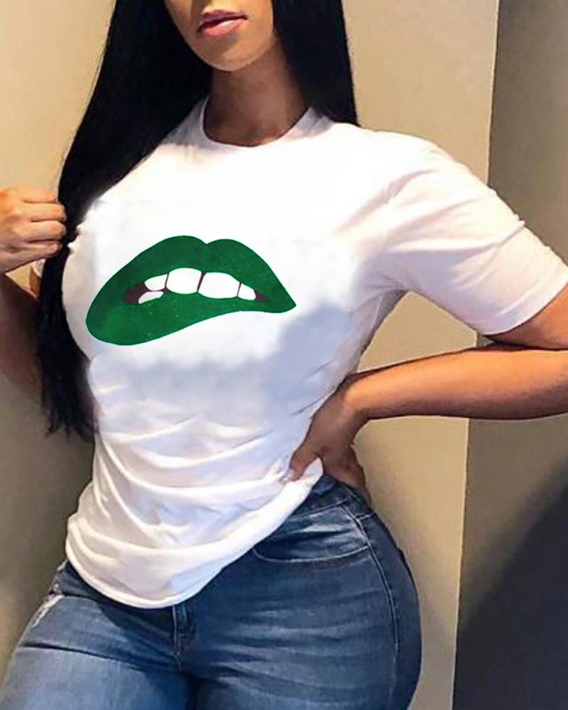 

Lip Print Short Sleeve Casual T-shirt, White