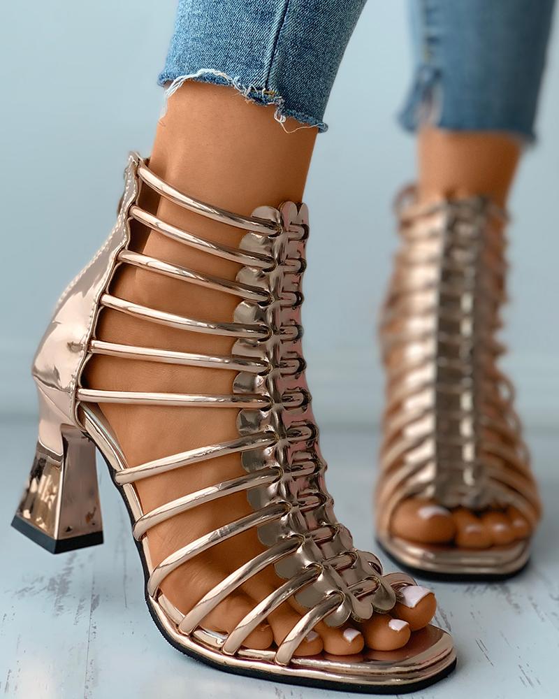 

Square Toe Multi Strap Pyramid Chunky Heels, Champagne