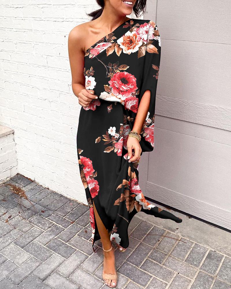 

Floral Print One Shoulder Split Hem Maxi Dress, Black