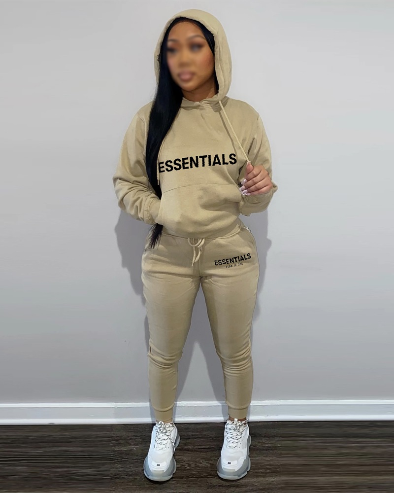 

Letter Print Long Sleeve Hoodie & Pants Set, Khaki