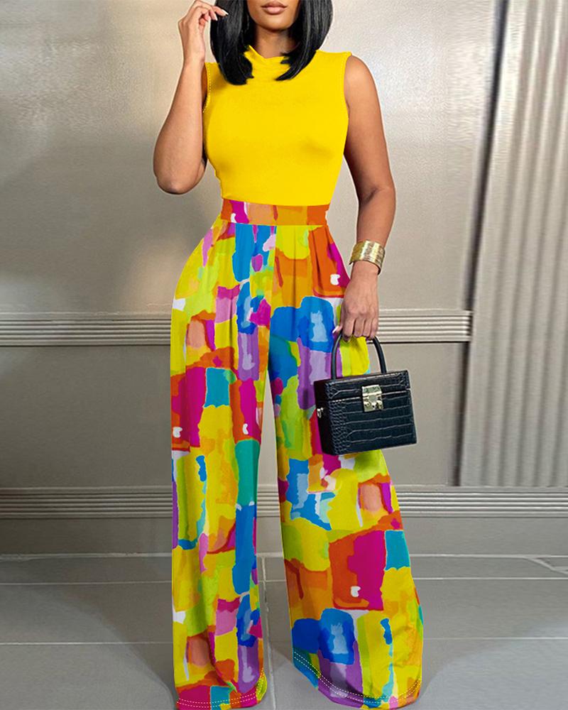 

Melting Colors All Over Print Sleeveless O-neck Jumpsuit, Yellow
