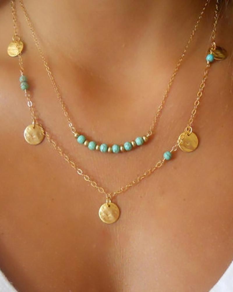 

Disc Decor Bohemian Turquoise Layered Chain Necklace, Gold