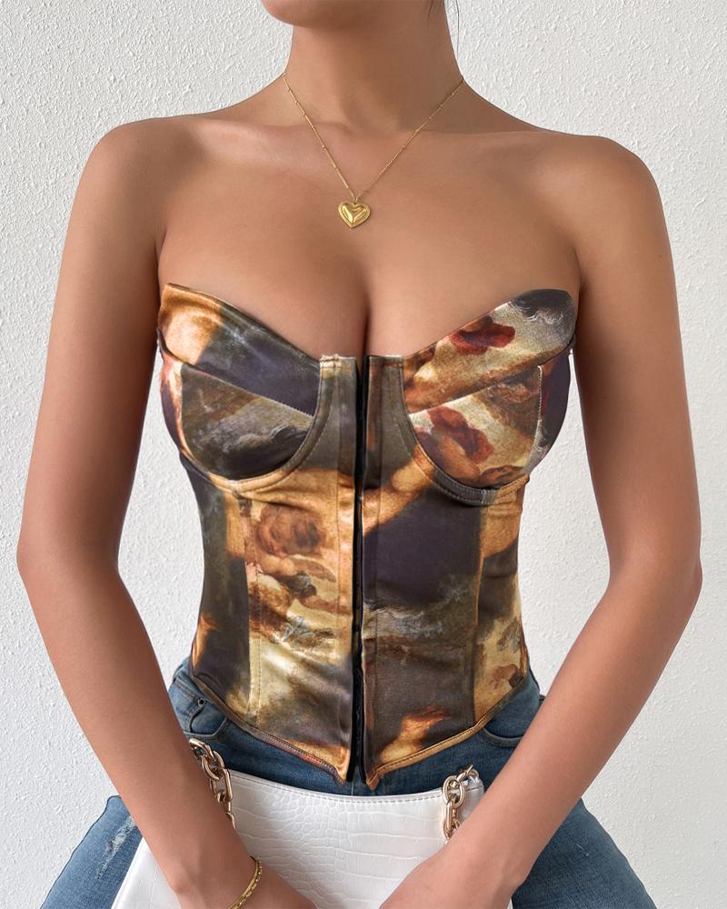 

Abstract Print Lace-up Back Corset Bustier Tube Top, Multicolor