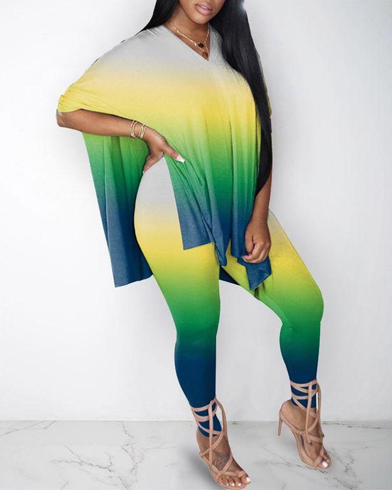 

Tie Dye Print V Neck Slit Casual Top & Pants Set, Green
