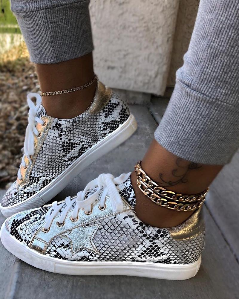 

Snakeskin Star Design Lace-Up Sneakers, White