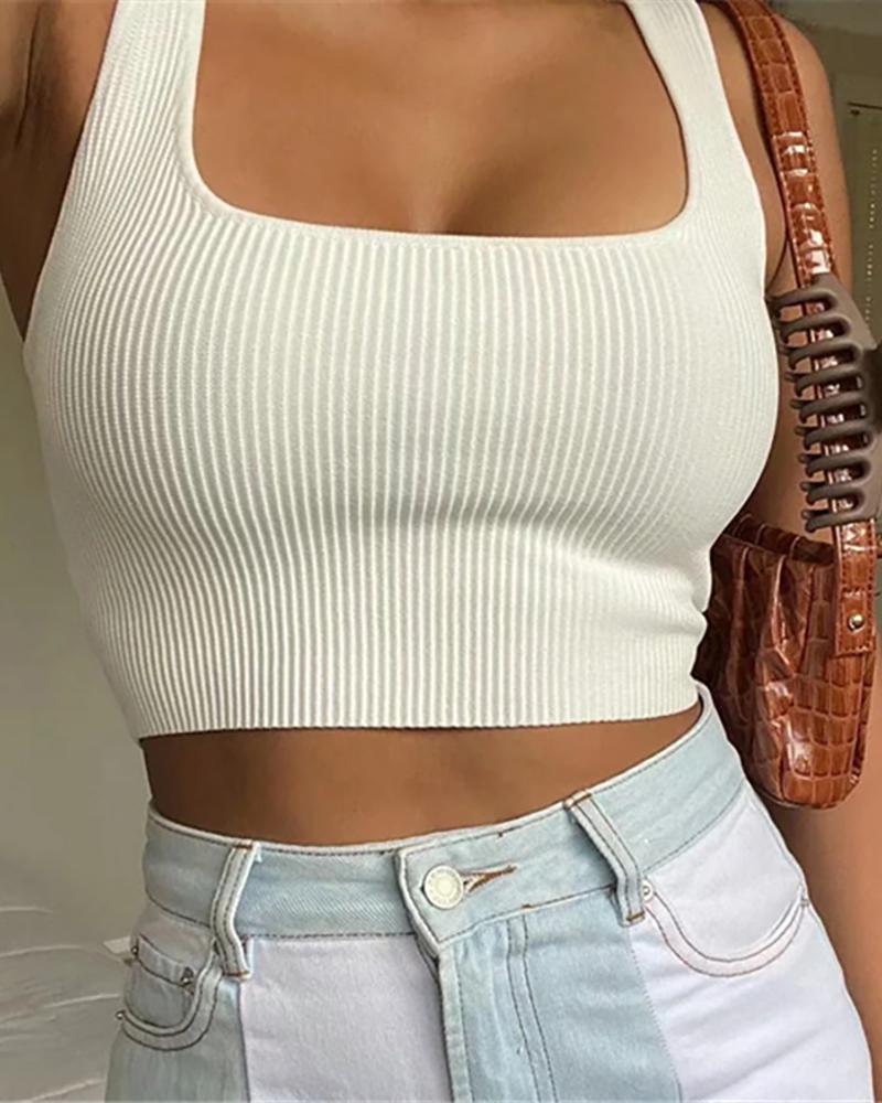 

Thick Strap Square Neck Knit Crop Top, White