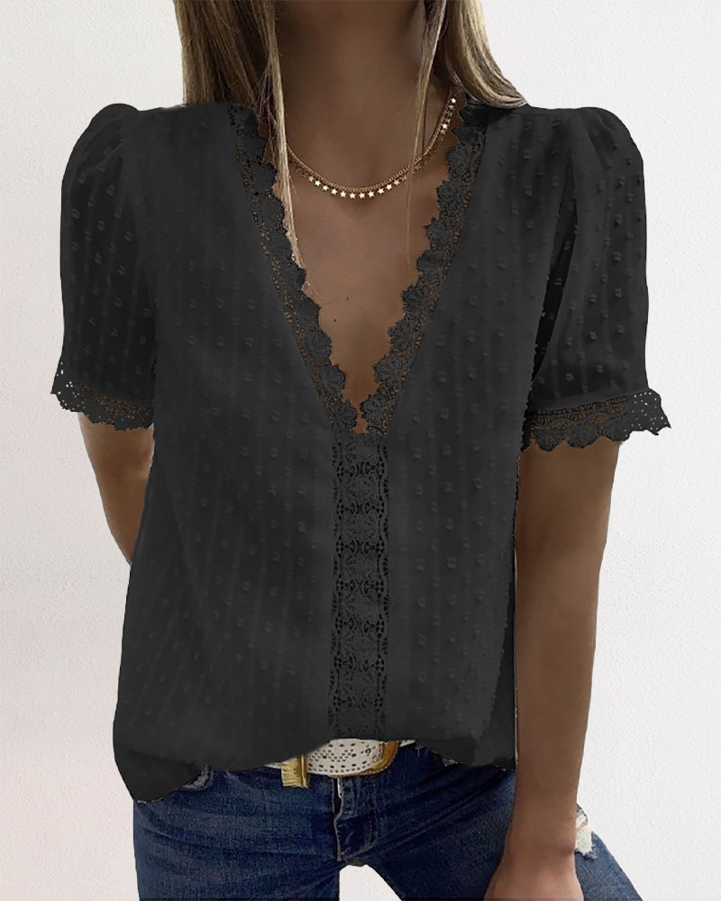

Contrast Lace Swiss Dot Puff Sleeve Chiffon Top, Black