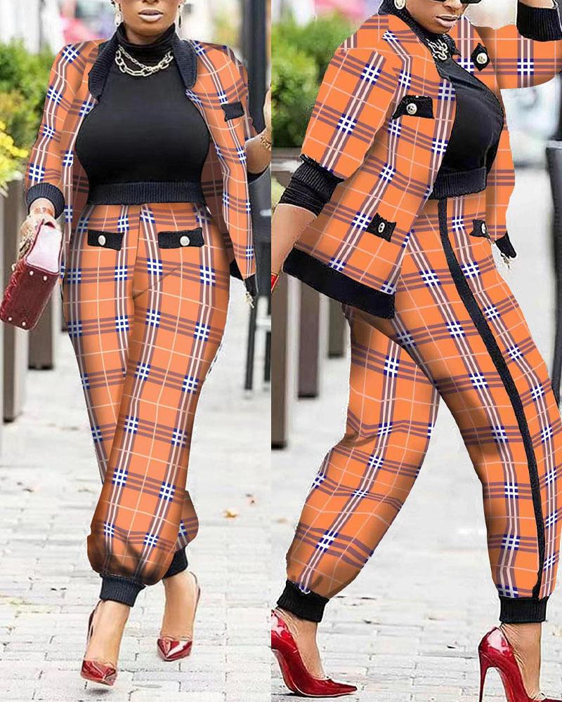

Plus Size Plaid Print Zip Up Coat & Cuffed Pants Set, Orange