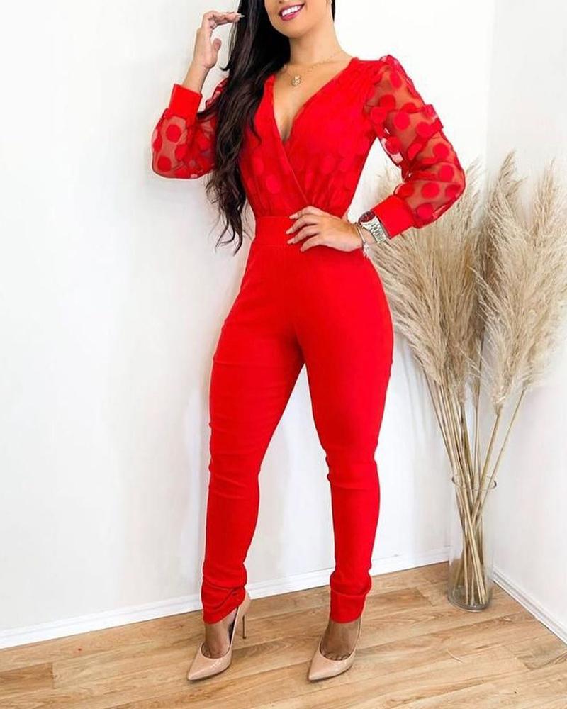 

Dot Mesh V-Neck Long Sleeve Jumpsuit, Red