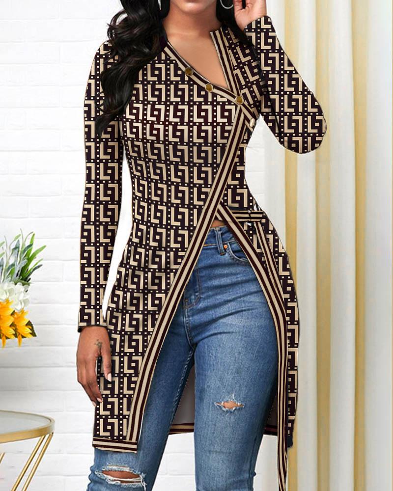 

Geometric Print Long Sleeve High Split Top, Brown