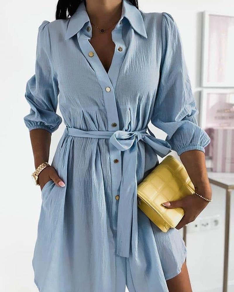 

Long Sleeve Buttoned Ruched Shirt Dress With Belt, Lighted blue