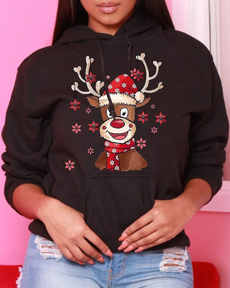 

Christmas Long Sleeve Elk Snowflake Print Sweatshirt, Black