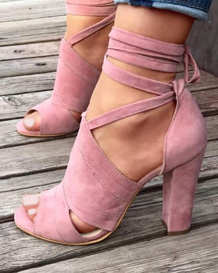 

Lace Up Block Heels Sandals, Pink