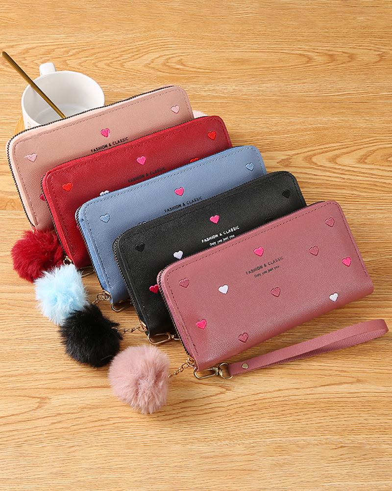 

Heart Pattern Pom Pom Zipper Purse, Hot pink