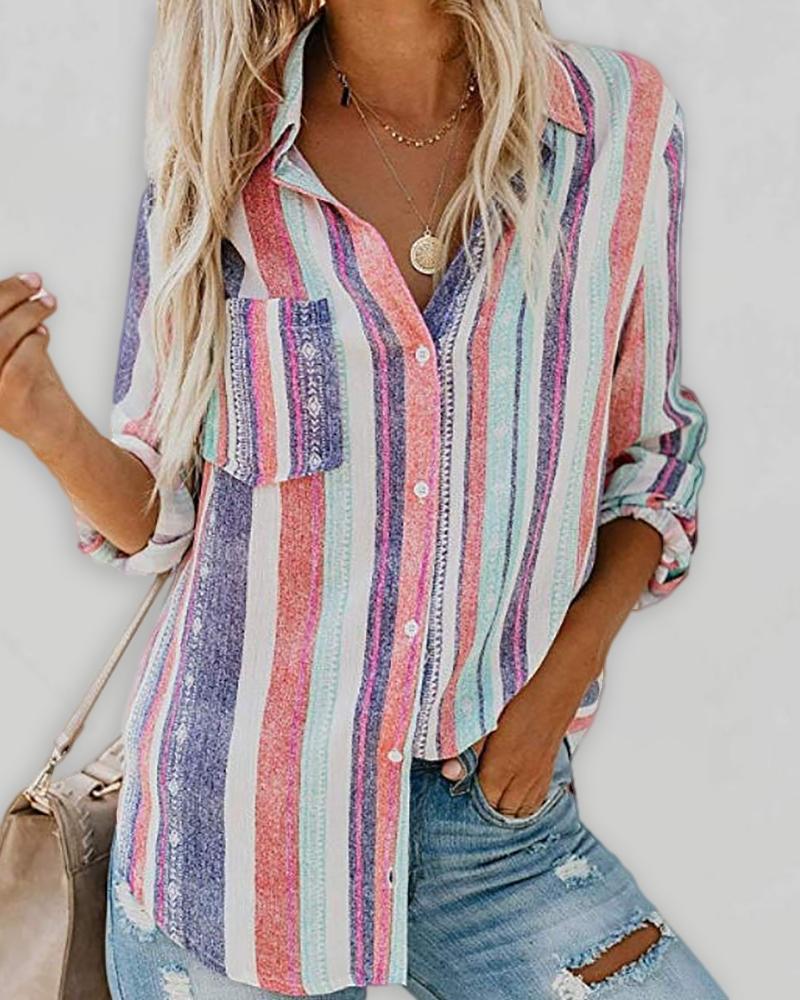 

Striped Print Colorblock Pocket Front Button Design Blouse, Orange