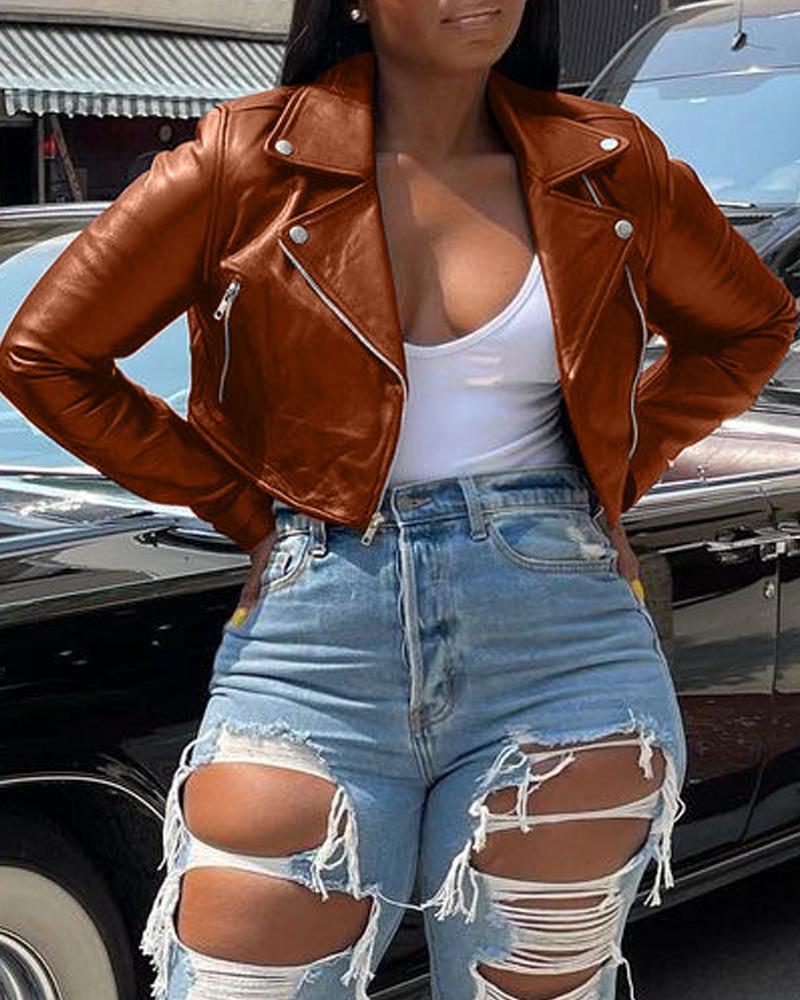 

Long Sleeve Zip Detail PU Leather Jacket, Coffee