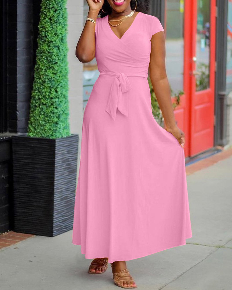 

Short Sleeve Surplice Neck Belted Maxi Dress, Pink