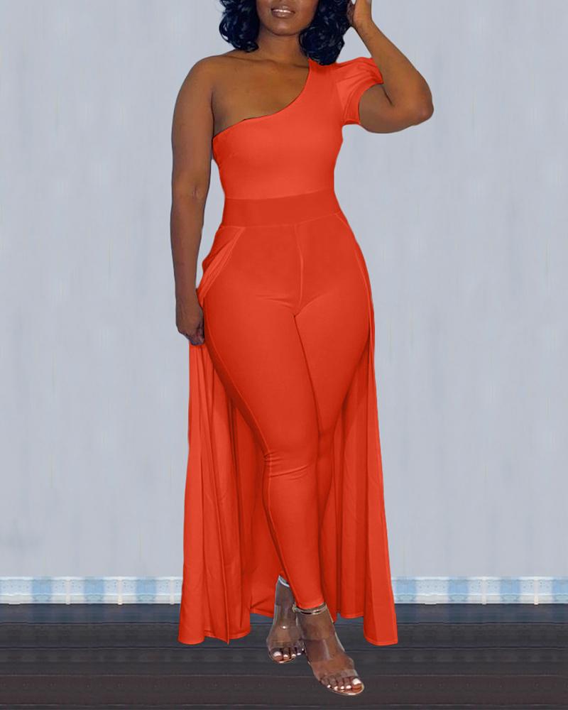 

Solid Color One Shoulder Jumpsuit With Skirt, Orange