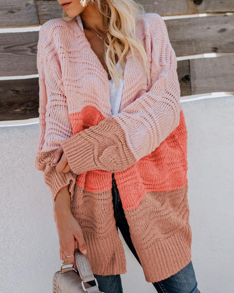 

Colorblock Open Front Long Sleeve Cardigan, Pink