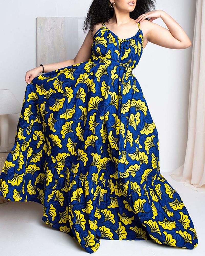 

Plus Size Floral Print Spaghetti Strap Slit Maxi Swing Dress, Blue