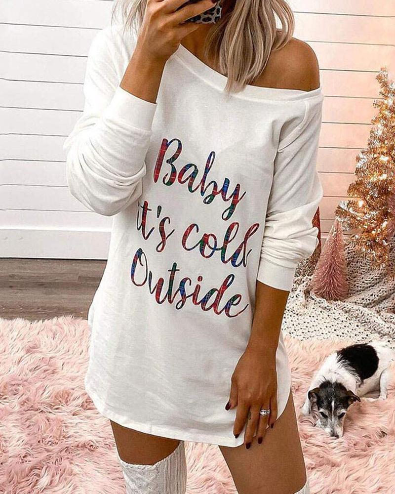 

Letter Print Long Sleeve Casual Women Dress, White