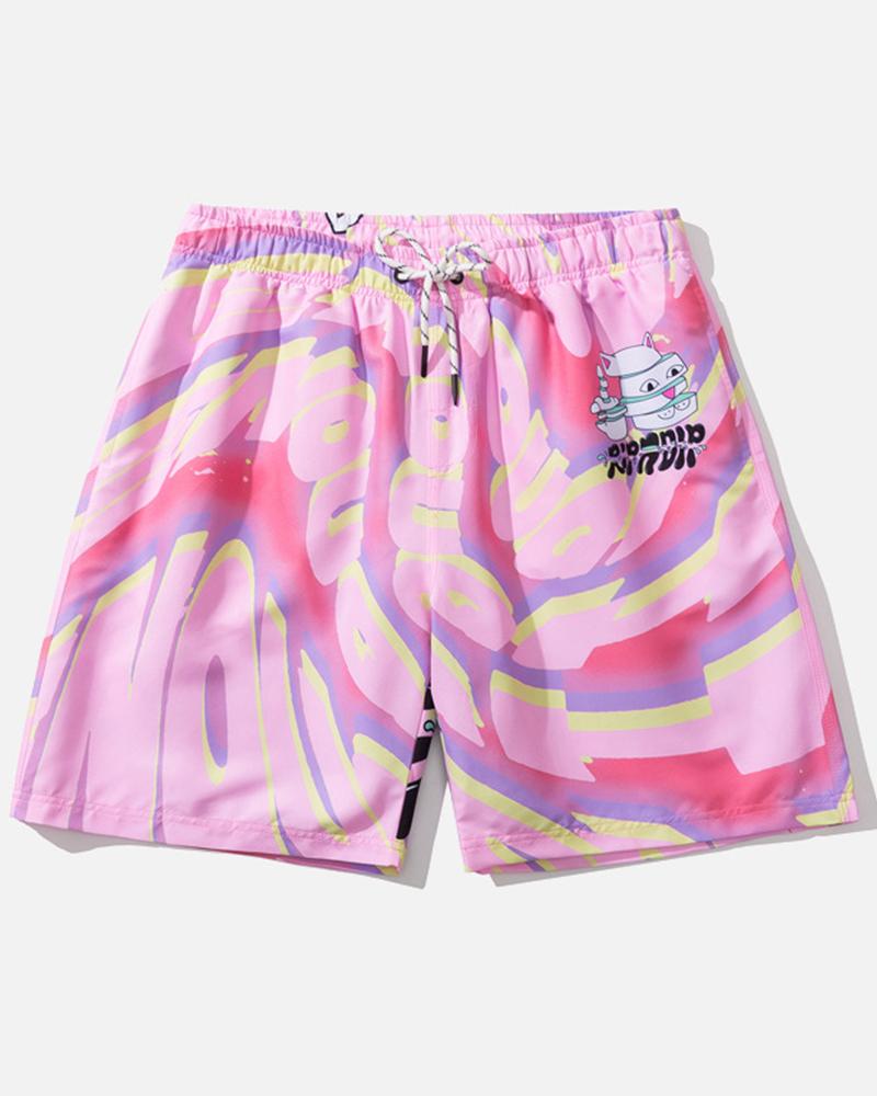 

Cartoon Print Loose Beach Elastic Waist Shorts, Pink