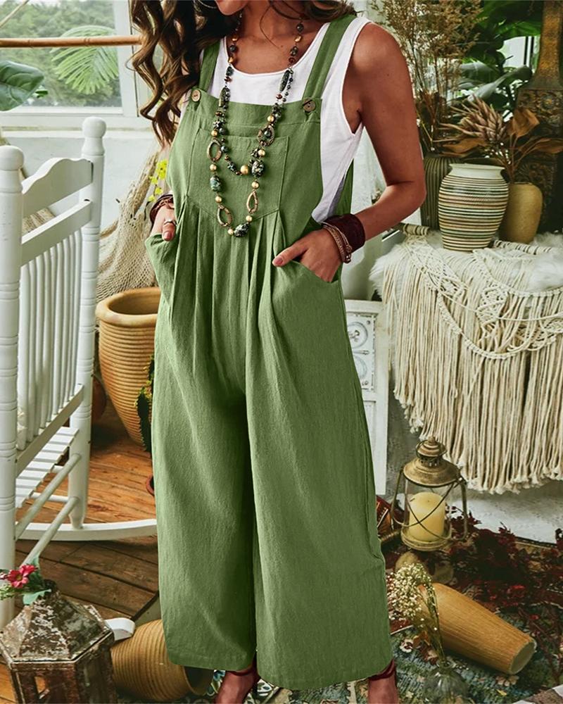 

Pocket Design Wide Leg Suspender Jumpsuit, Green