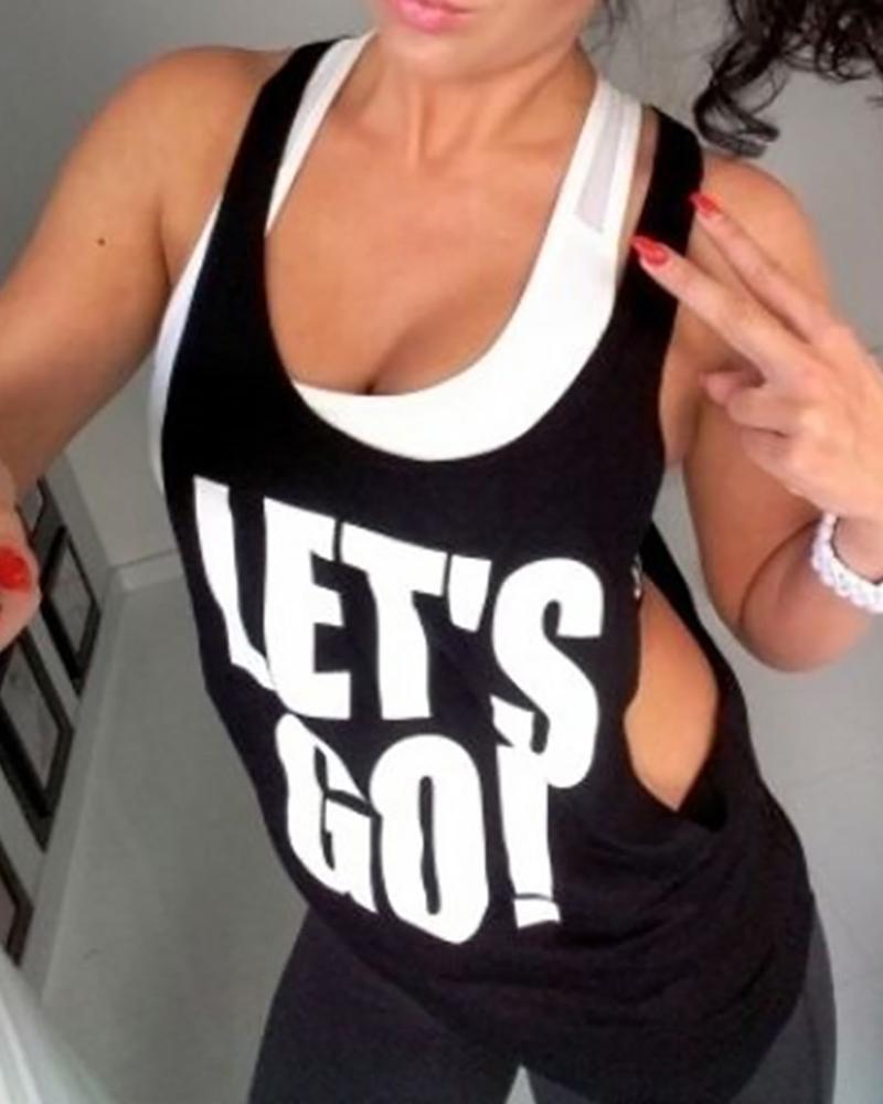 

Letter Print U Neck Cutout Tank, Black