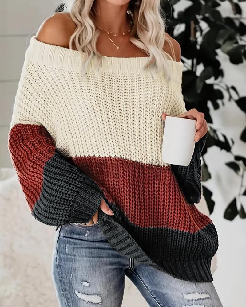 

Colorblock Off Shoulder Long Sleeve Knit Sweater, Khaki