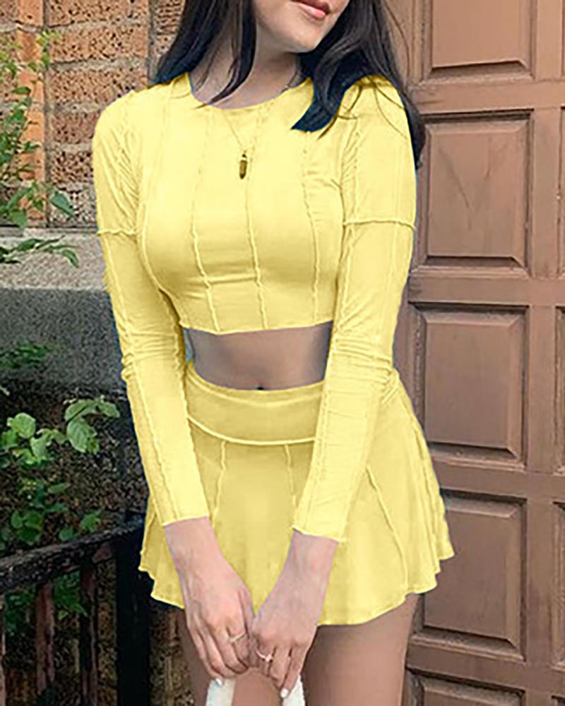 

Contrast Pipping Frill Hem Crop Top & Skirt Set, Yellow