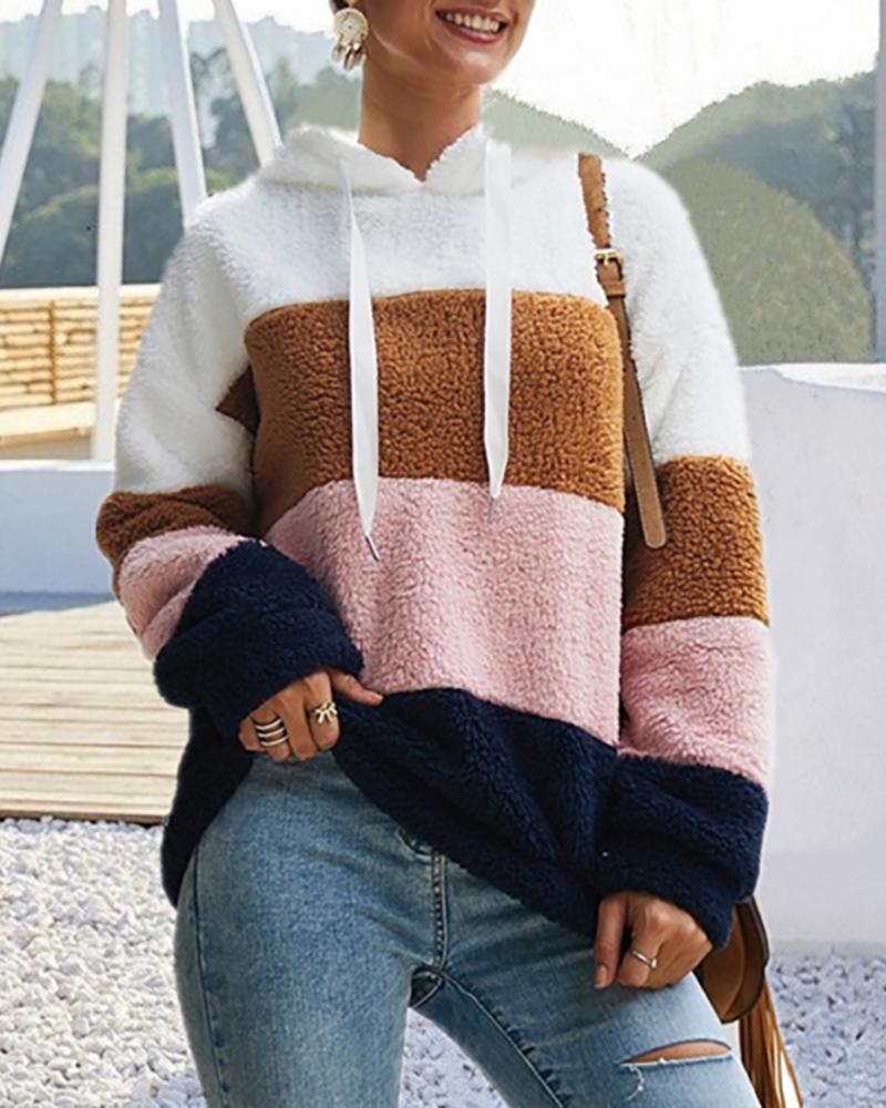 

Colorblock Long Sleeve Hooded Teddy Top, Multicolor