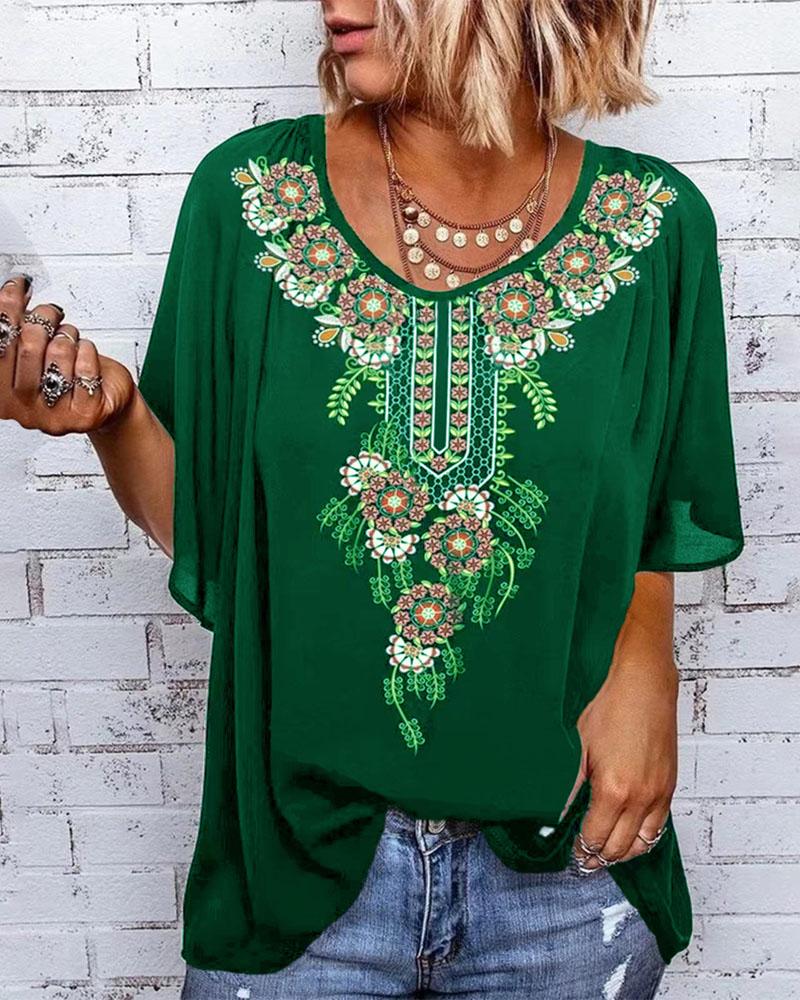

Tribal Print Flutter Sleeve Casual Top, Green