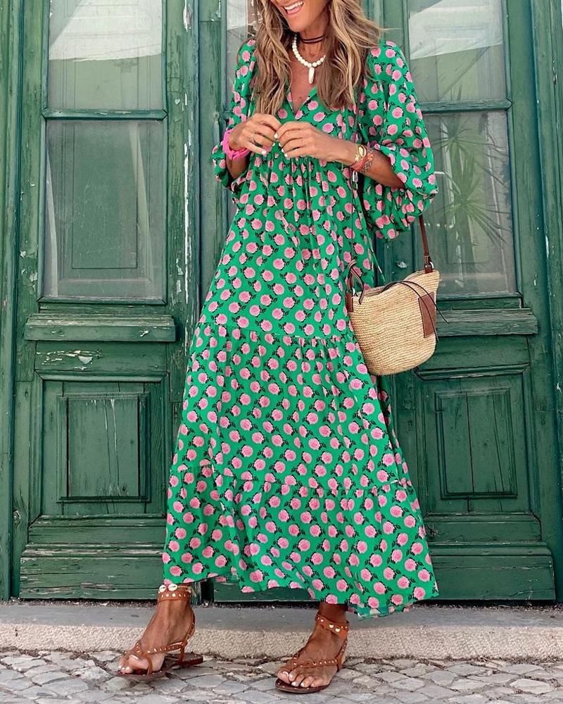 

Tribal Print Lantern Sleeve Maxi Dress, Green