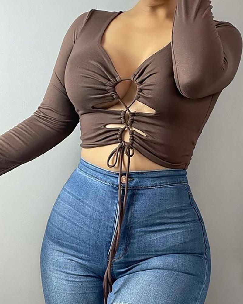 

Long Sleeve Cutout Tied Detail Top, Brown