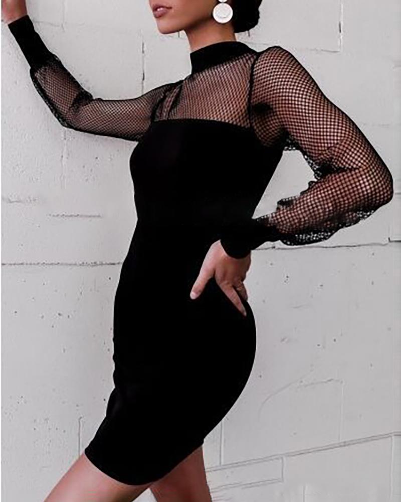 

Fishnet Zipper Design Long Sleeve Party Dress, Black
