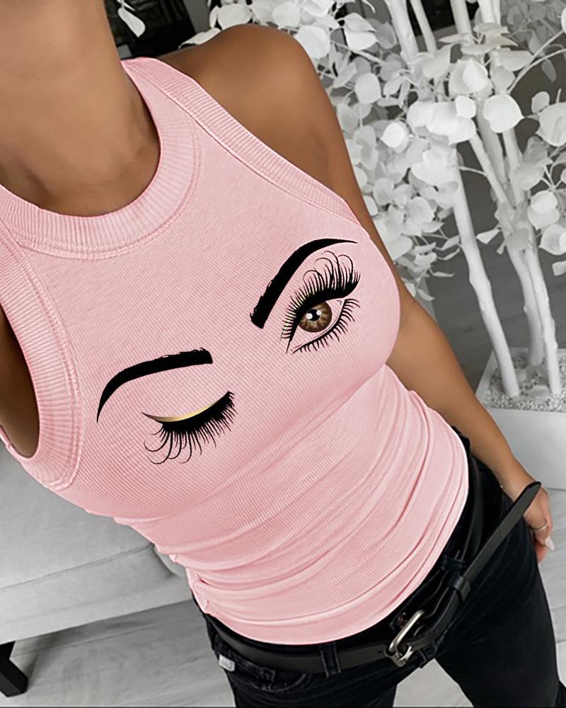 

Eyelash Print Casual Tank Top, Pink