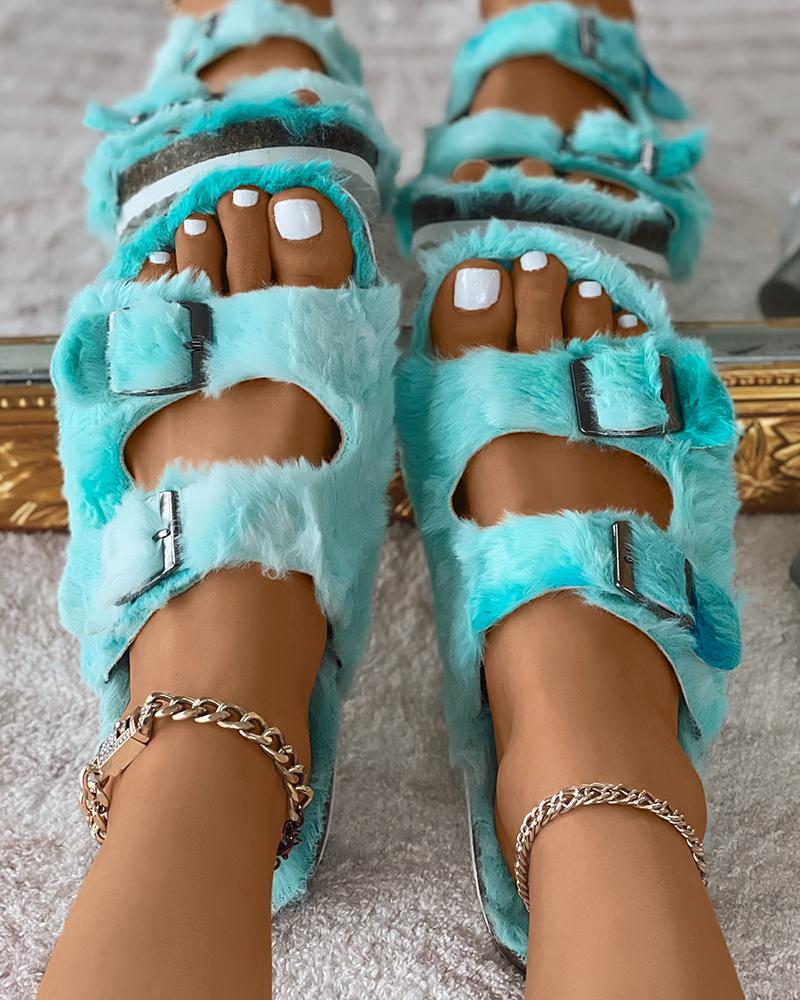 

Fluffy Double Buckled Slide Slipper, Blue